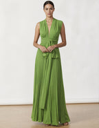 Abito lungo in chiffon plissettato verde prato con nastro
