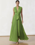 Abito lungo in chiffon plissettato verde prato con nastro