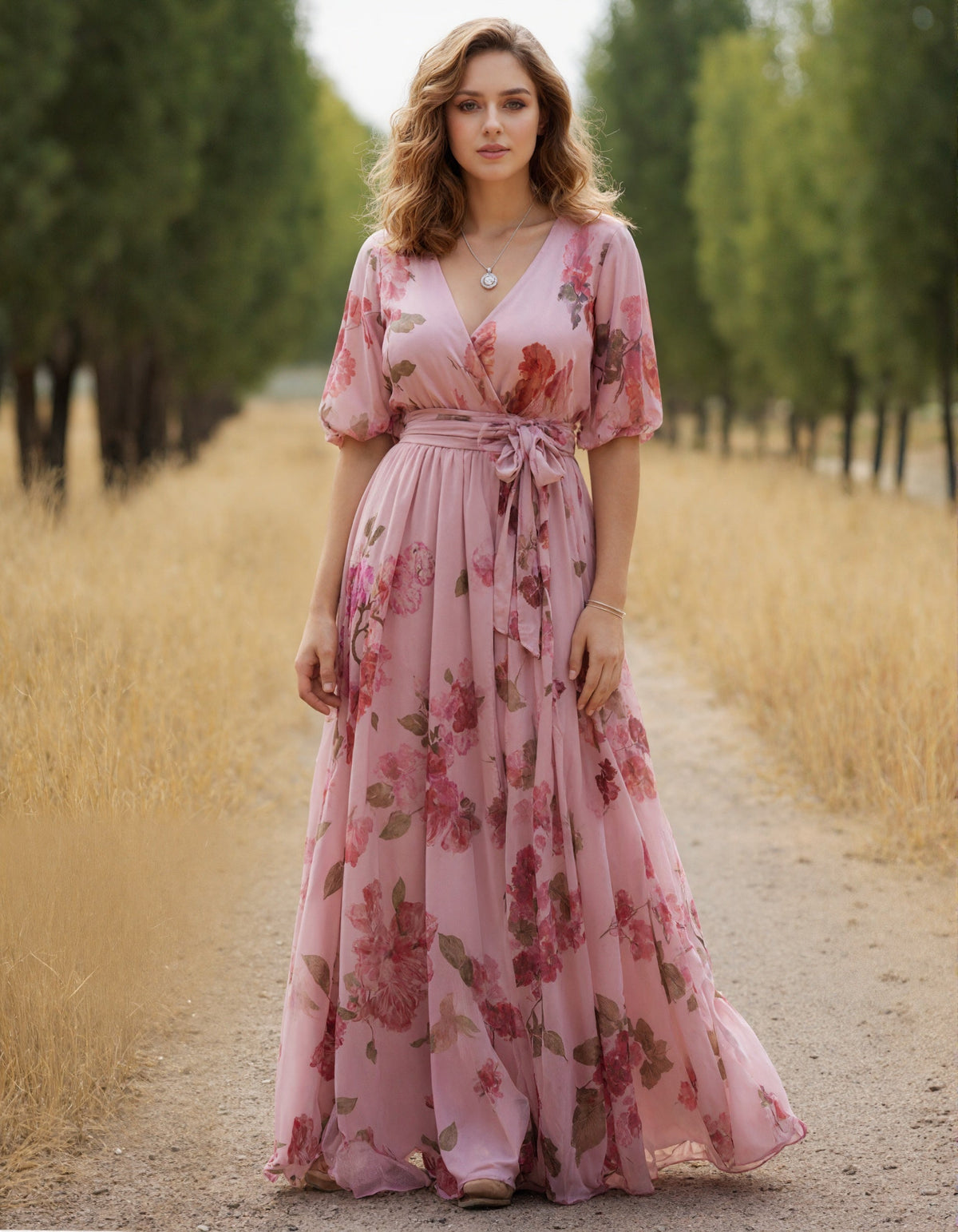 Pink Floral Wrap Chiffon Maxi Dress