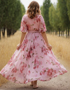 Pink Floral Wrap Chiffon Maxi Dress