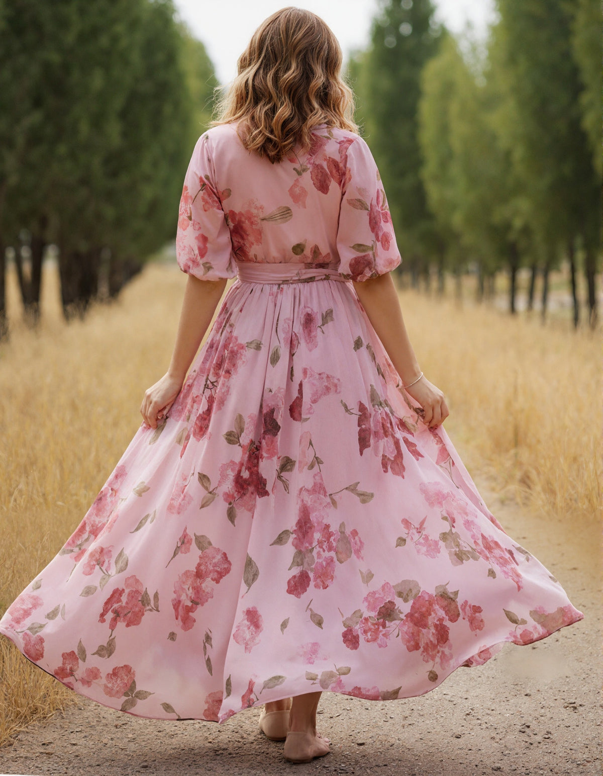 Pink Floral Wrap Chiffon Maxi Dress