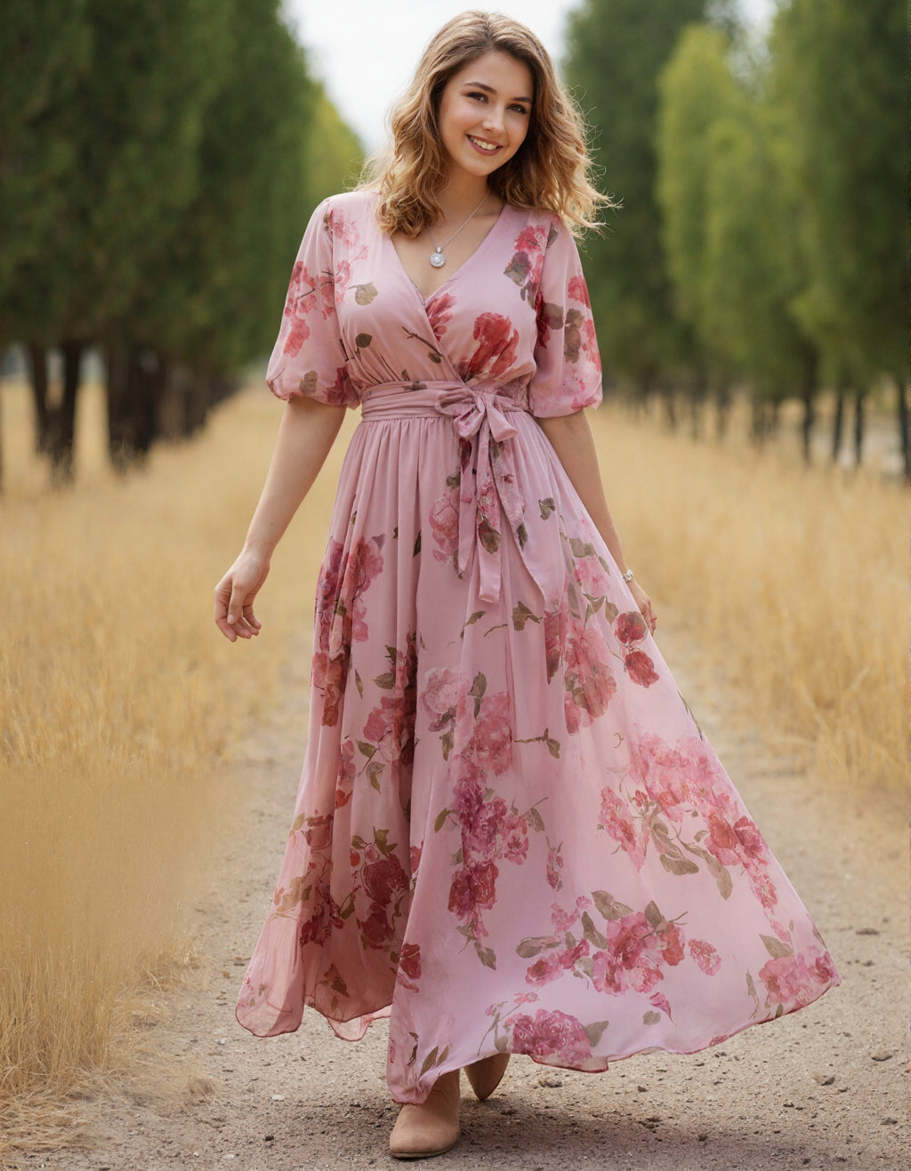 Pink Floral Wrap Chiffon Maxi Dress
