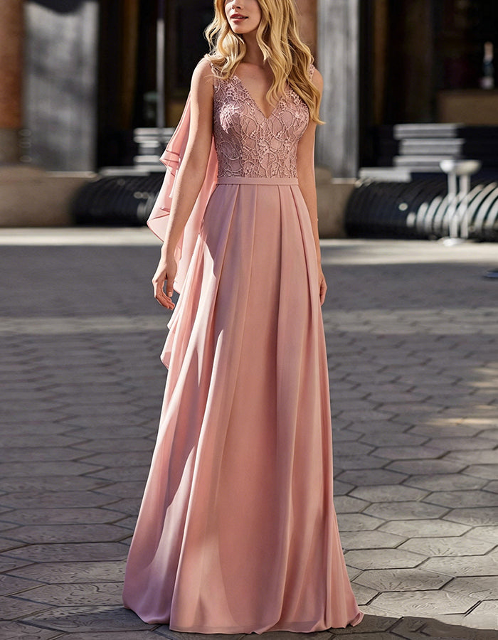 Abito lungo aderente in chiffon con pizzo rosa