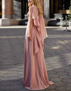 Abito lungo aderente in chiffon con pizzo rosa