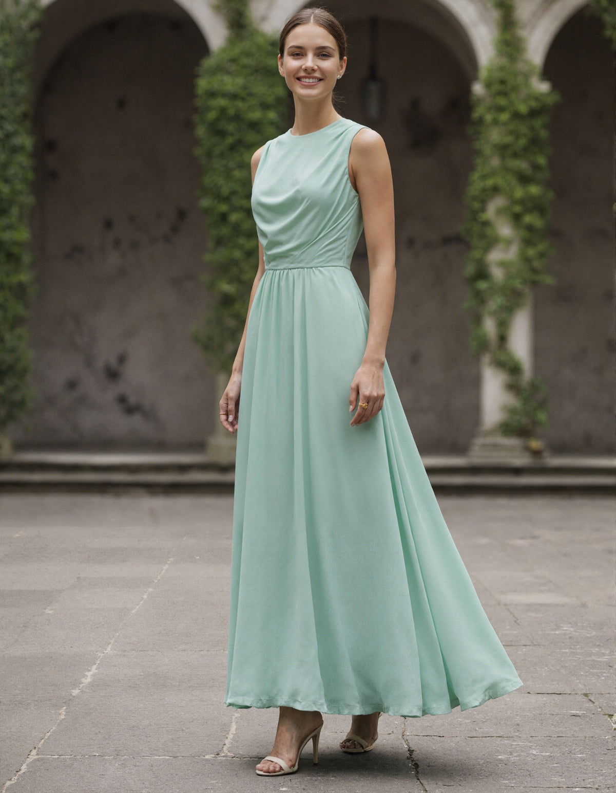 Sage Green Satin Chiffon Sleeveless Maxi Dress
