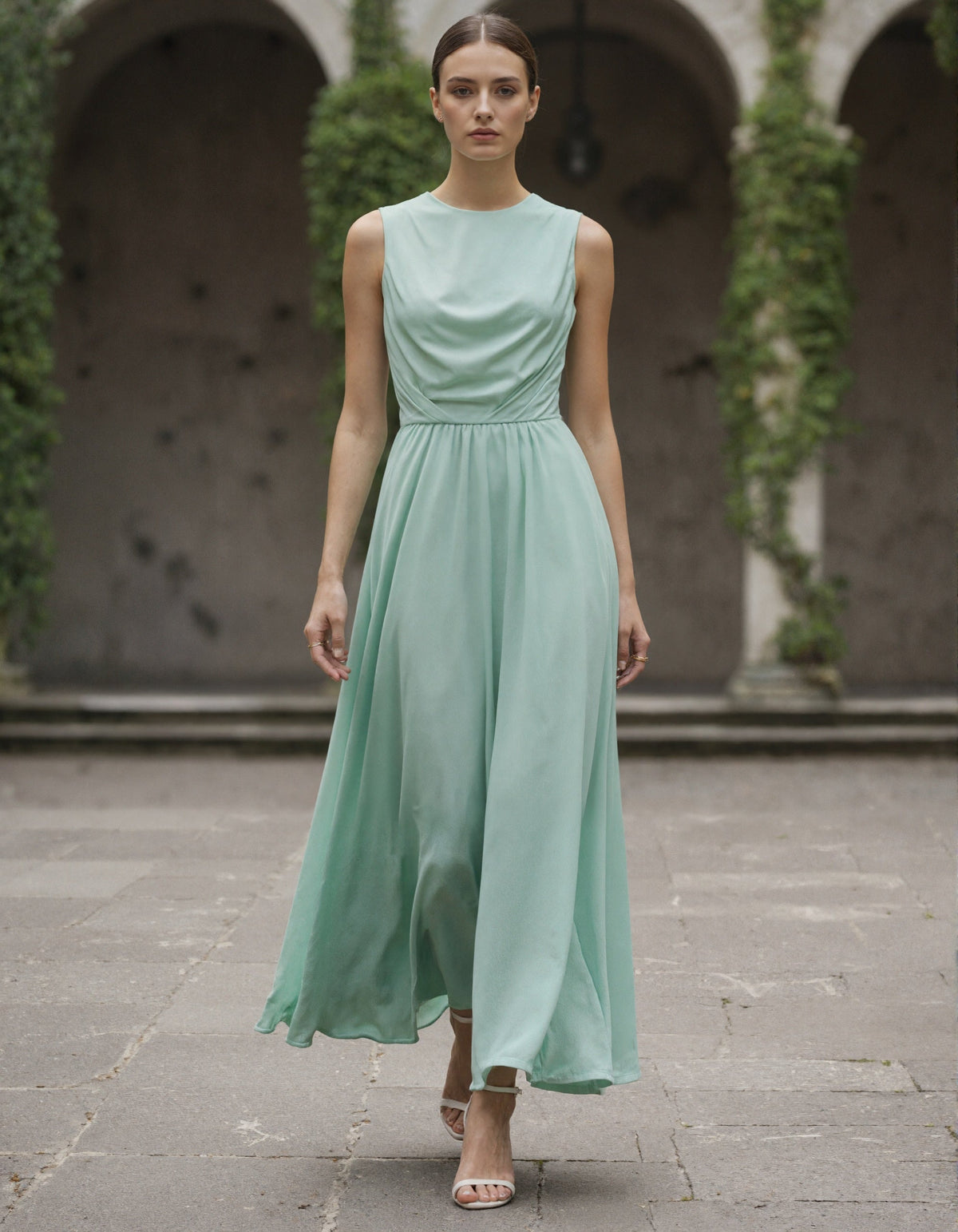 Sage Green Satin Chiffon Sleeveless Maxi Dress