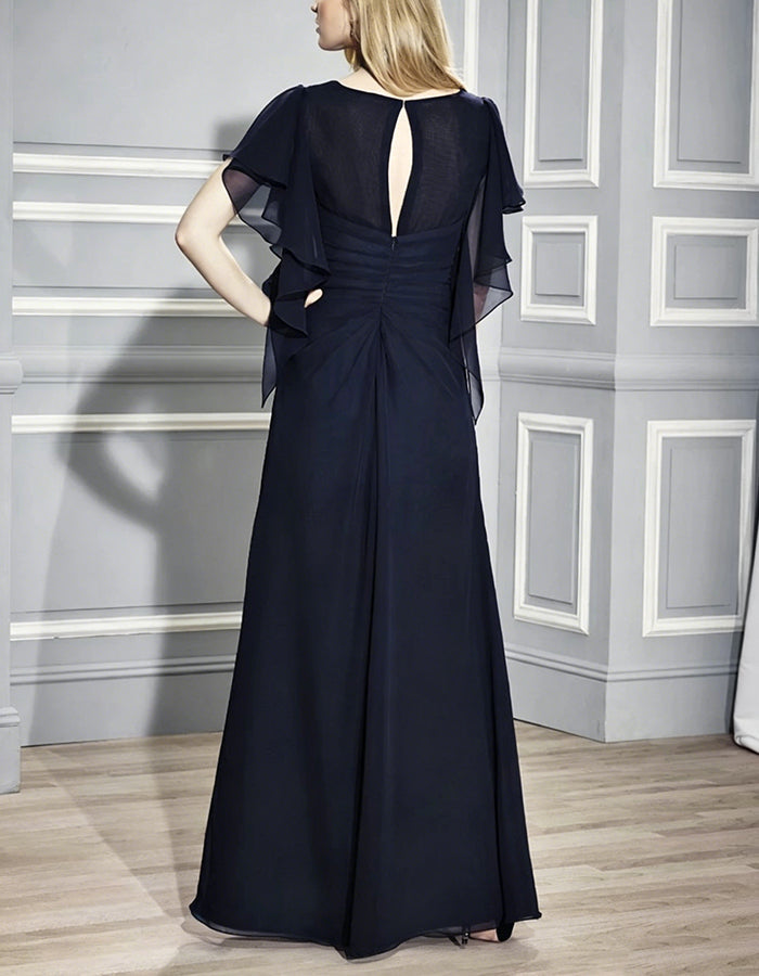 Vestido largo de gasa azul marino con escote en V y mangas con volantes