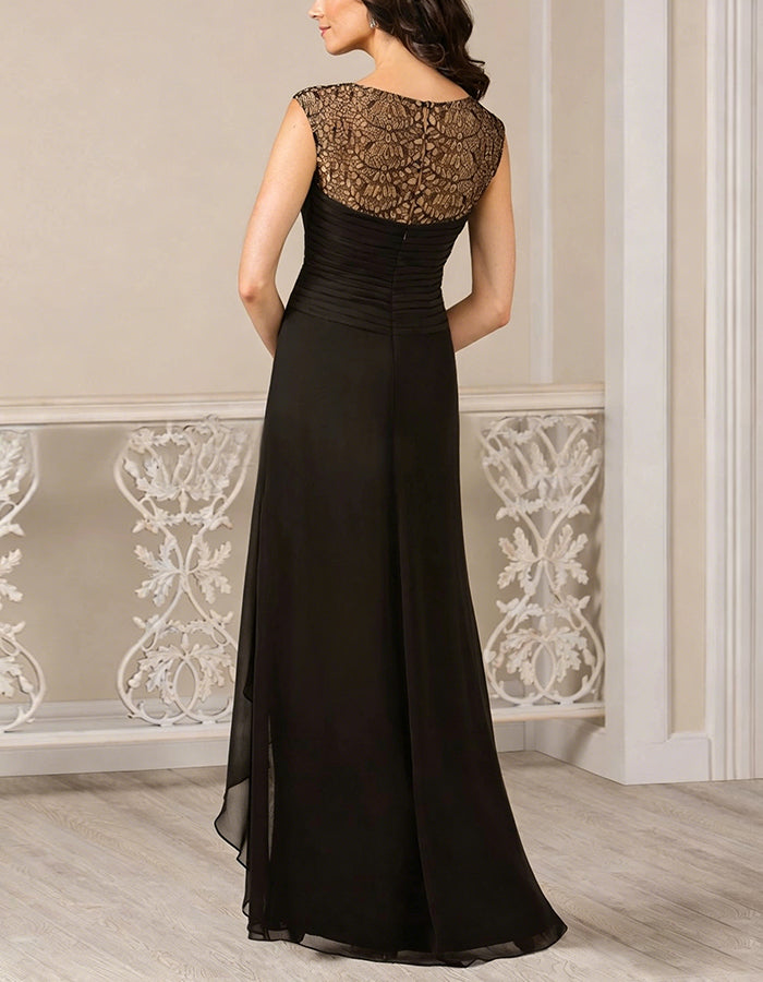 Black And Gold Lace Ruffled Chiffon Slit Maxi Dress
