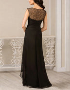 Black And Gold Lace Ruffled Chiffon Slit Maxi Dress