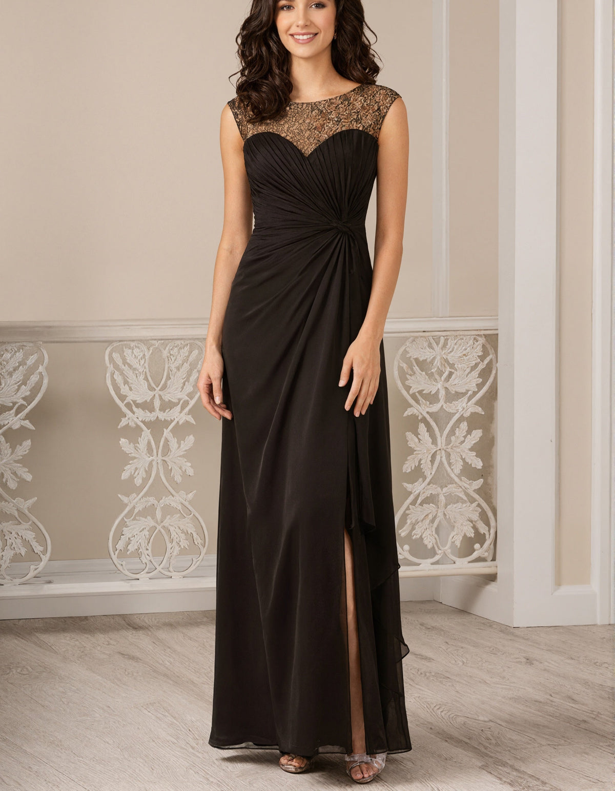 Black And Gold Lace Ruffled Chiffon Slit Maxi Dress