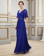 Königsblaues Chiffon-Maxikleid mit Wickeloptik, V-Ausschnitt, Rüschenärmeln und Paillettentaille