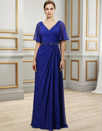 Königsblaues Chiffon-Maxikleid mit Wickeloptik, V-Ausschnitt, Rüschenärmeln und Paillettentaille