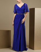 Königsblaues Chiffon-Maxikleid mit Wickeloptik, V-Ausschnitt, Rüschenärmeln und Paillettentaille