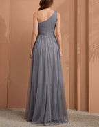 Gray Blue One Shoulder Tulle Maxi Dress
