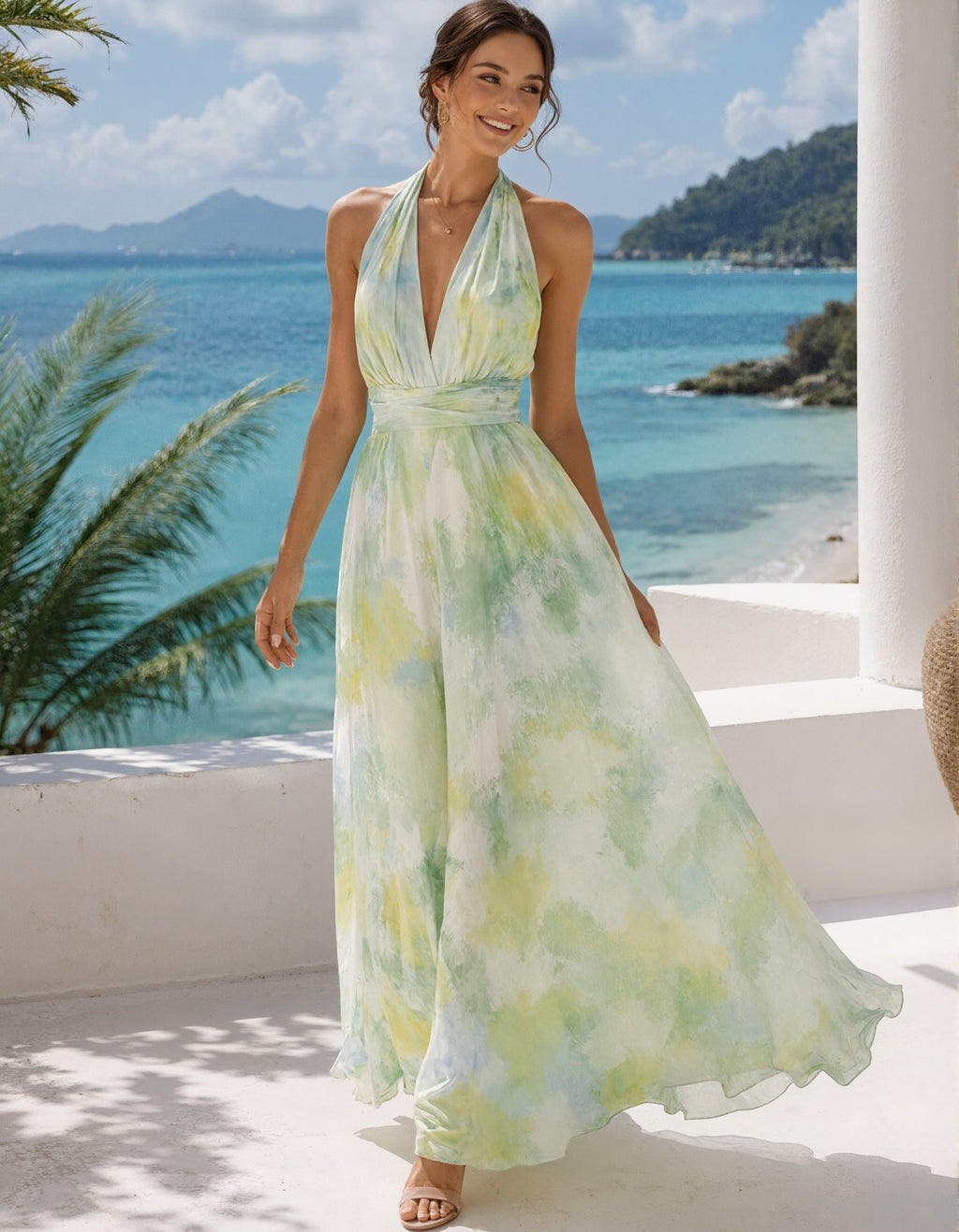 Robe longue en mousseline vert jaune à dos nu et décolleté plongeant en V