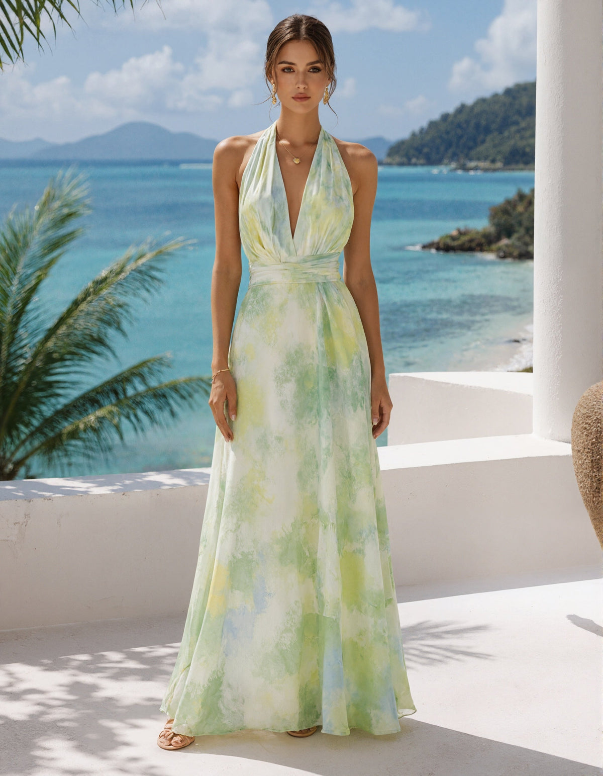Yellow Green Backless Deep V Chiffon Maxi Dress