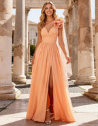 Hellorangefarbenes One-Shoulder-Maxikleid aus Chiffon mit 3D-Blumen und Schlitz