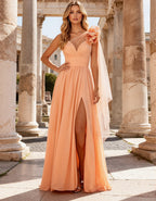 Hellorangefarbenes One-Shoulder-Maxikleid aus Chiffon mit 3D-Blumen und Schlitz