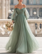 Sage Green Off Shoulder Puff Sleeves Pleated Tulle Maxi Dress