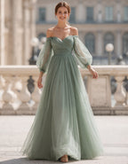 Sage Green Off Shoulder Puff Sleeves Pleated Tulle Maxi Dress