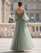 Sage Green Off Shoulder Puff Sleeves Pleated Tulle Maxi Dress