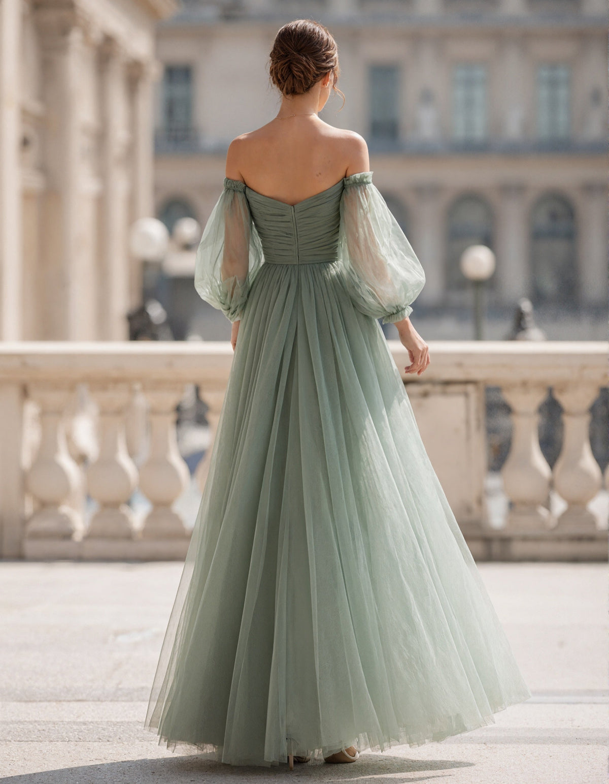Sage Green Off Shoulder Puff Sleeves Pleated Tulle Maxi Dress
