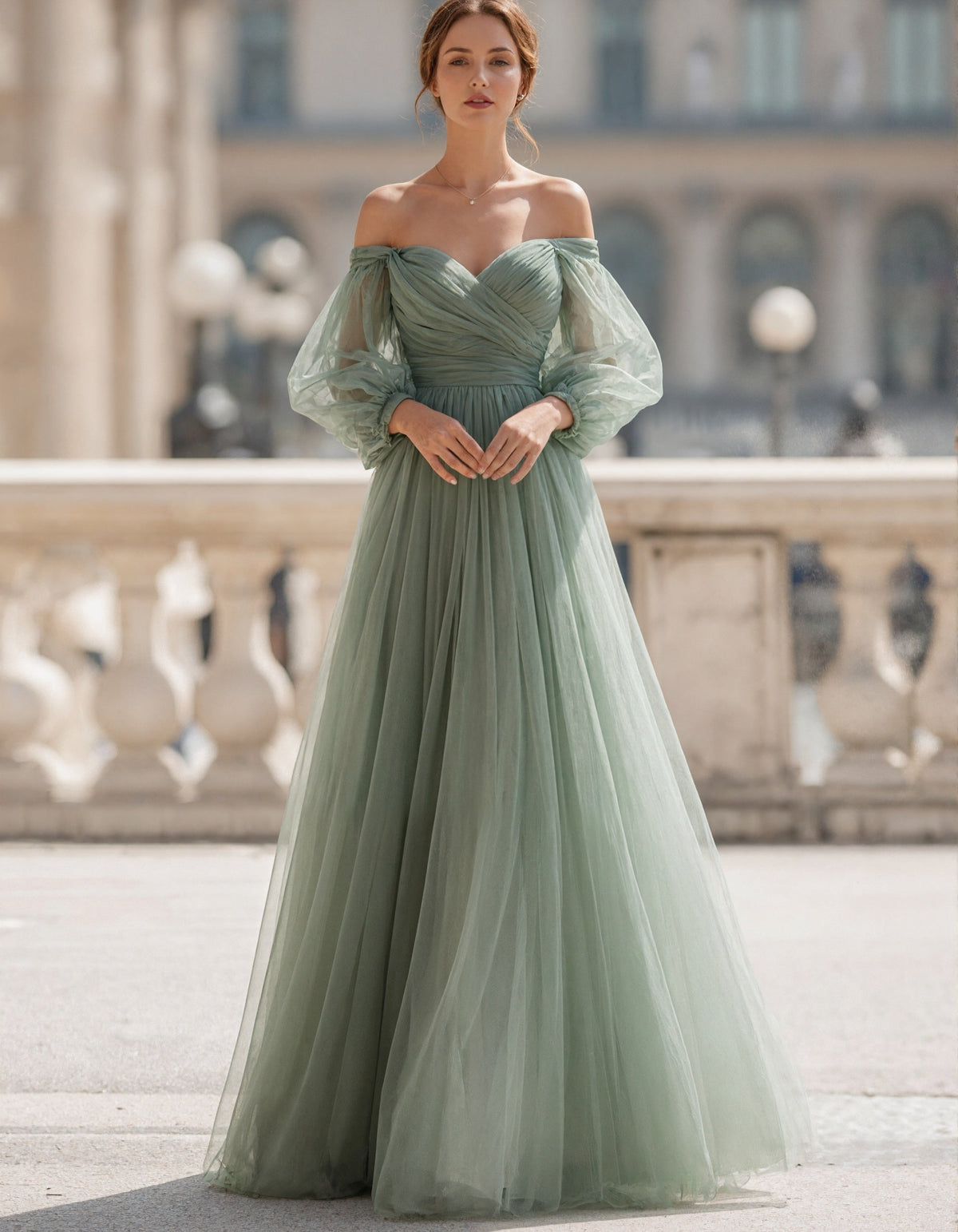 Sage Green Off Shoulder Puff Sleeves Pleated Tulle Maxi Dress