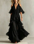 Solid Color Chiffon Off Shoulder Twisted Ruffle Maxi Dress