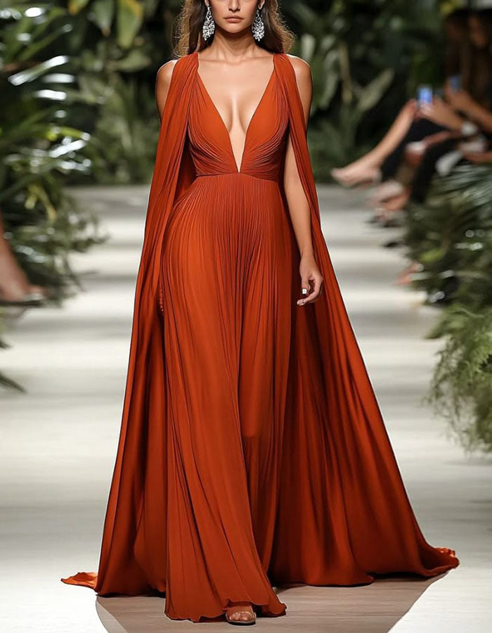 Maxikleid in Orange mit tiefem V-Ausschnitt, Schalkragen-Ärmeln und plissiertem Chiffon