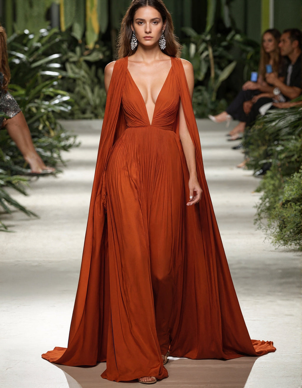 Maxikleid in Orange mit tiefem V-Ausschnitt, Schalkragen-Ärmeln und plissiertem Chiffon