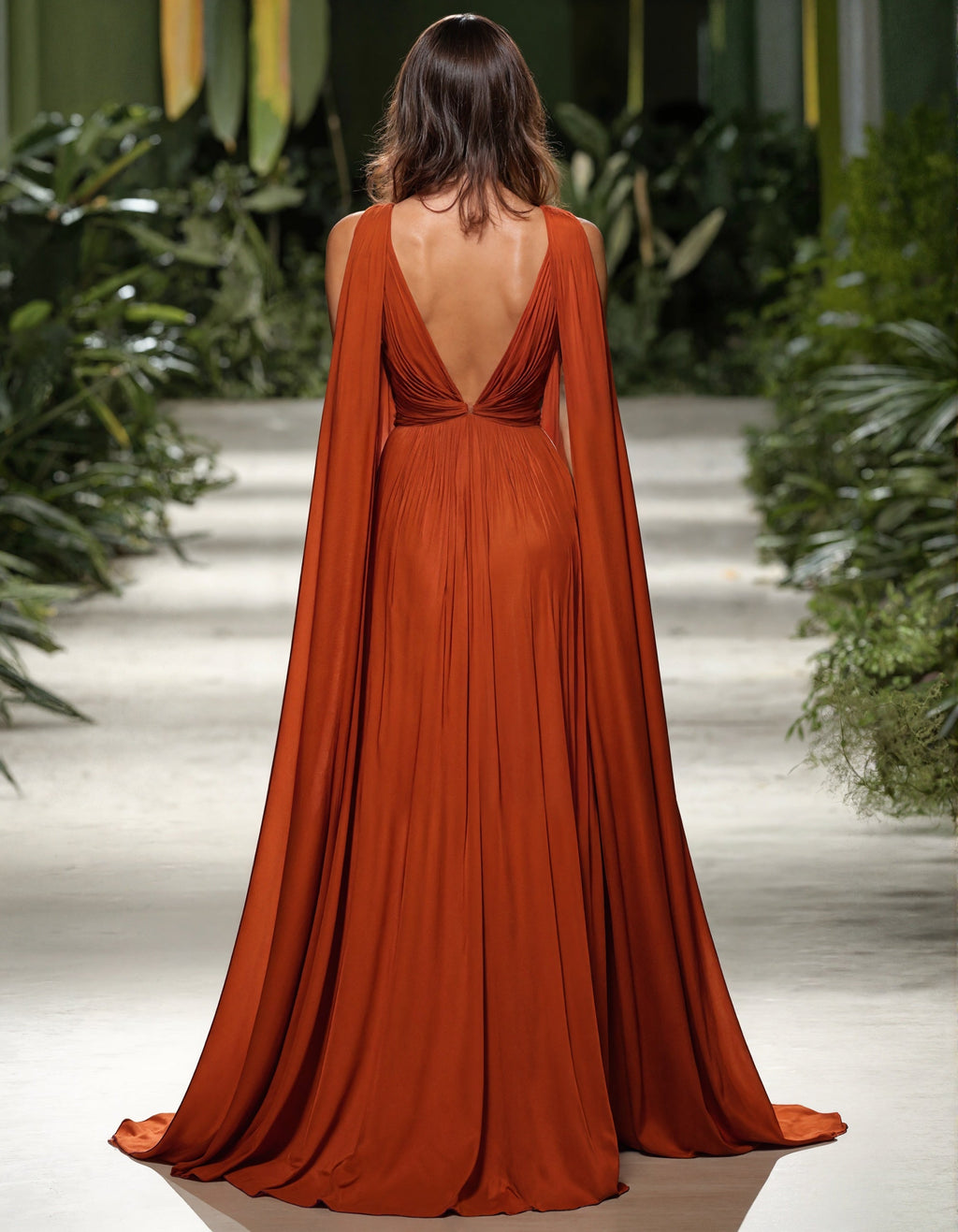 Maxikleid in Orange mit tiefem V-Ausschnitt, Schalkragen-Ärmeln und plissiertem Chiffon