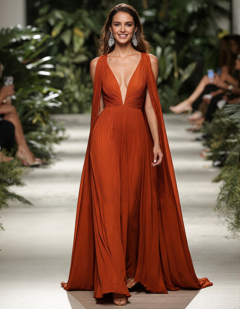 Maxikleid in Orange mit tiefem V-Ausschnitt, Schalkragen-Ärmeln und plissiertem Chiffon