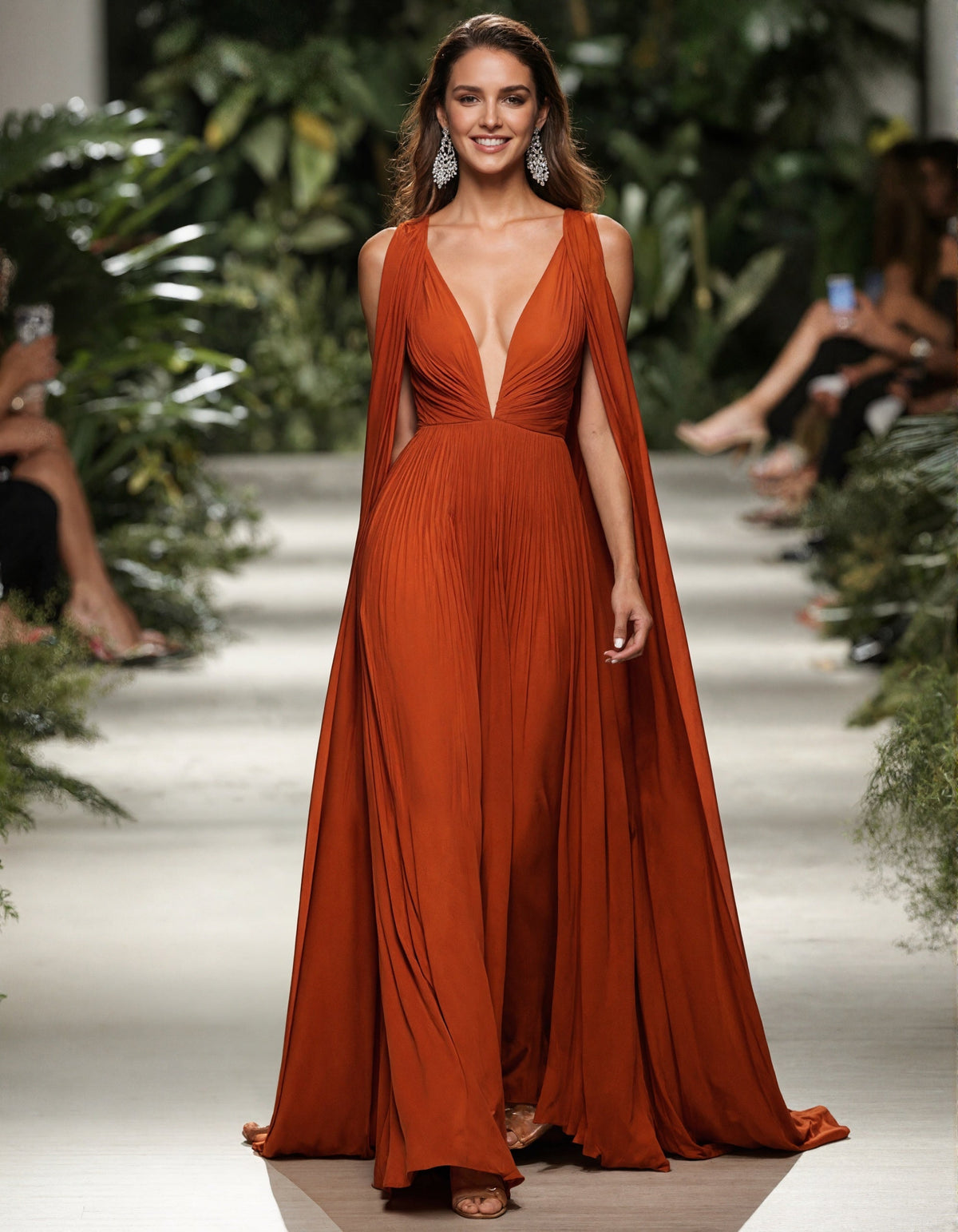 Maxikleid in Orange mit tiefem V-Ausschnitt, Schalkragen-Ärmeln und plissiertem Chiffon