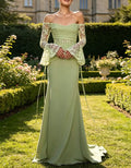 Sage Green Off Shoulder Flared Lace Sleeves Maxi Dress