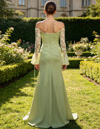 Sage Green Off Shoulder Flared Lace Sleeves Maxi Dress