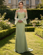 Sage Green Off Shoulder Flared Lace Sleeves Maxi Dress