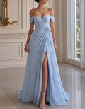 Sky Blue Off Shoulder Chiffon Maxi Dress