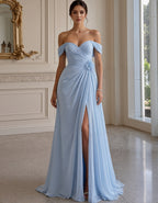 Sky Blue Off Shoulder Chiffon Maxi Dress