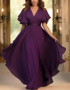 Purple V-Neck Double Layered Ruffled Short Sleeved Chiffon Maxi Dress