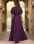 Purple V-Neck Double Layered Ruffled Short Sleeved Chiffon Maxi Dress