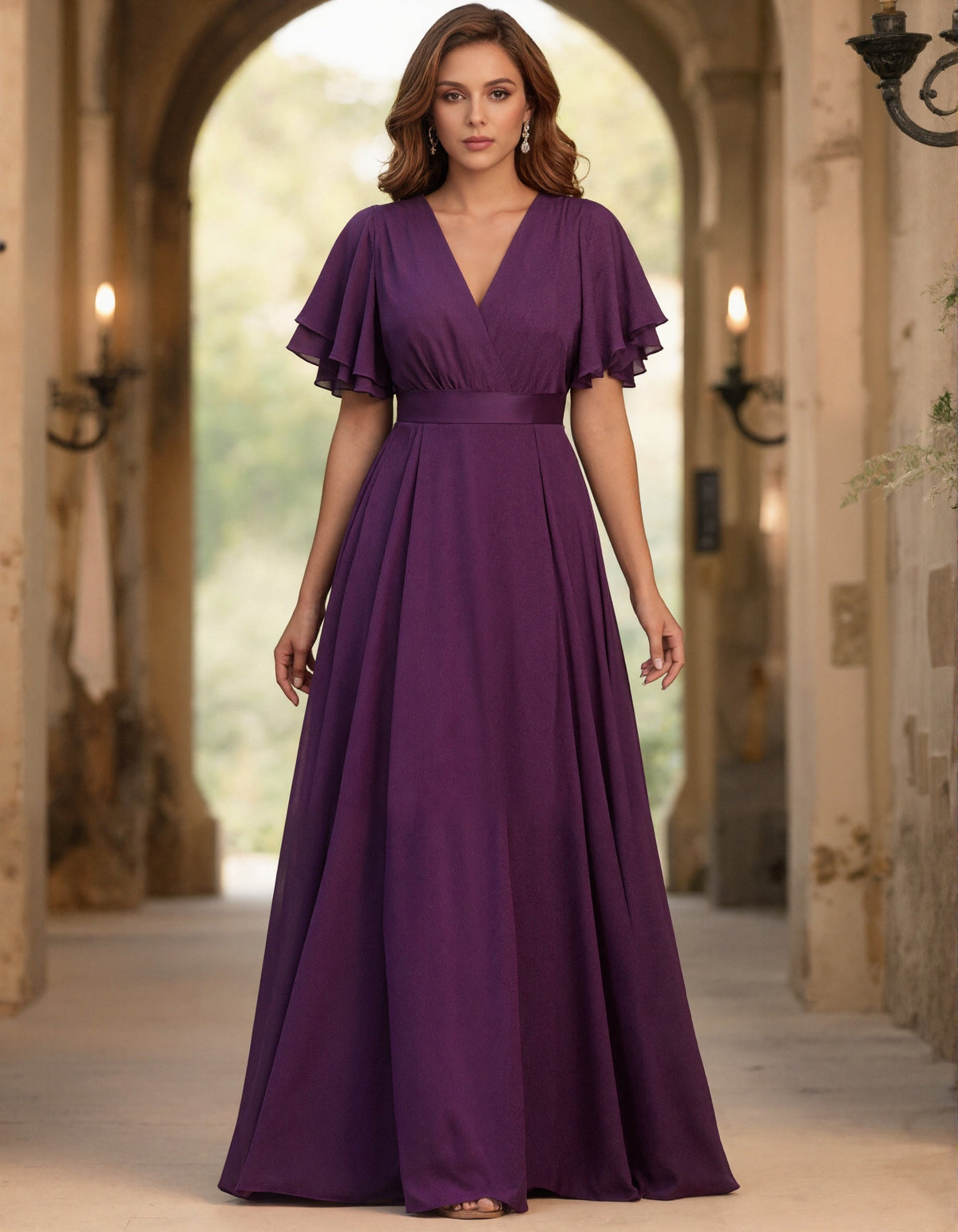 Purple V-Neck Double Layered Ruffled Short Sleeved Chiffon Maxi Dress