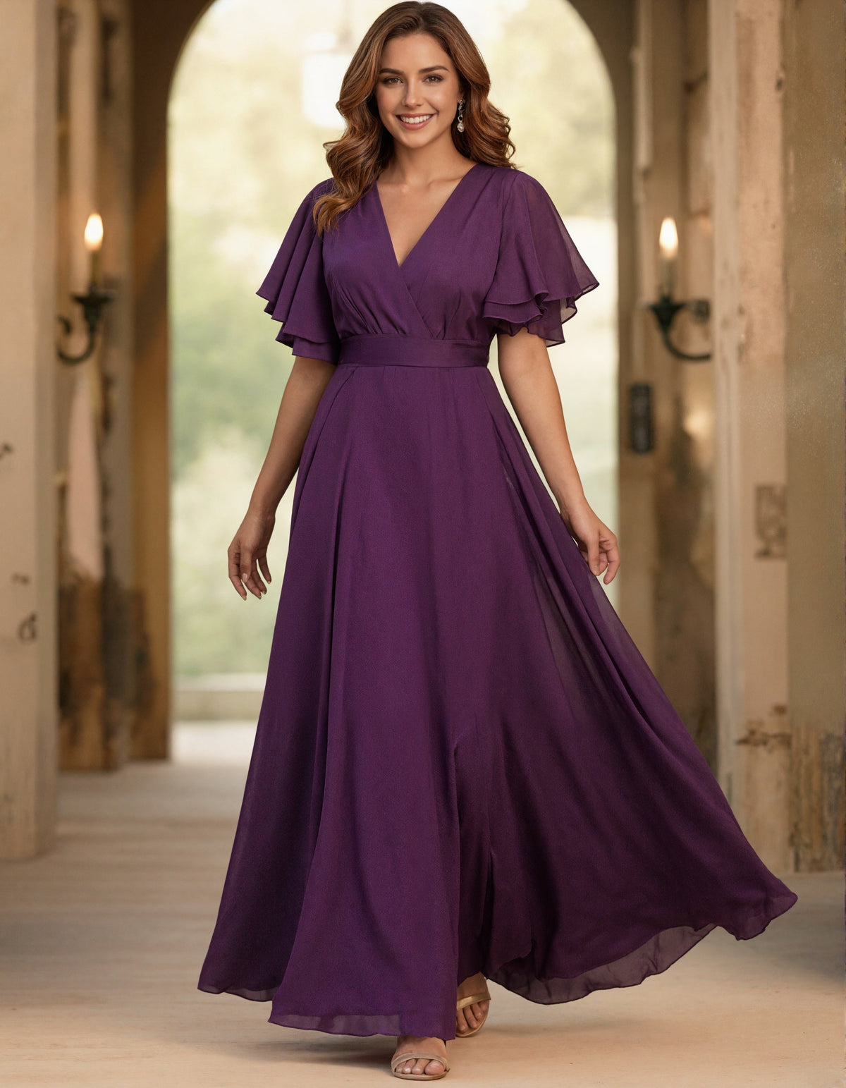 Purple V-Neck Double Layered Ruffled Short Sleeved Chiffon Maxi Dress