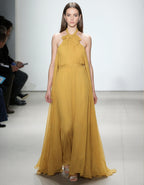 Mustard Yellow Backless Bow Belt Flowing Chiffon Maxi Dress