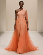 Orange One Shoulder Shawl Sleeve Chiffon Maxi Dress