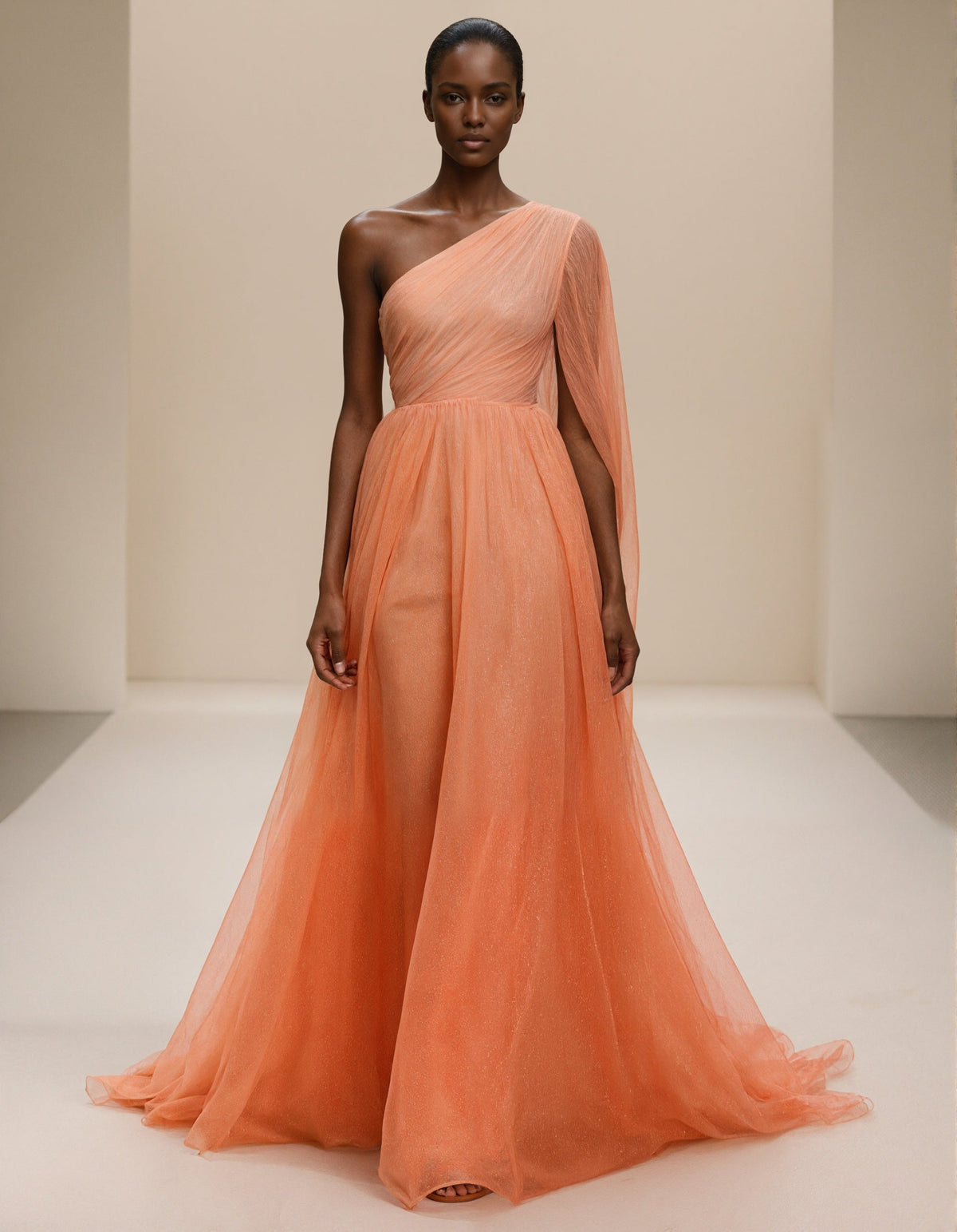 Orange One Shoulder Shawl Sleeve Chiffon Maxi Dress