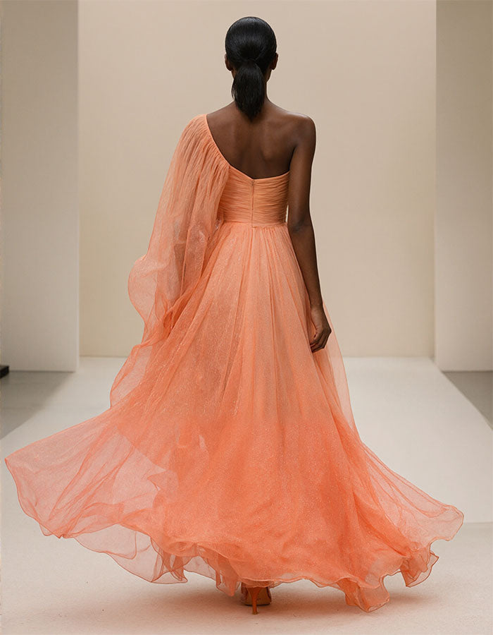 Orange One Shoulder Shawl Sleeve Chiffon Maxi Dress