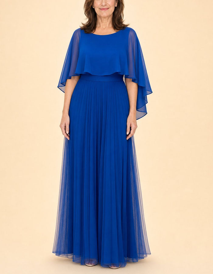 Robe longue en mousseline unie à col rond et manches à volants