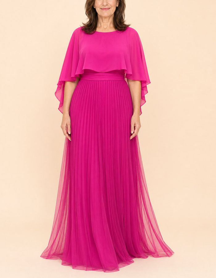 Robe longue en mousseline unie à col rond et manches à volants