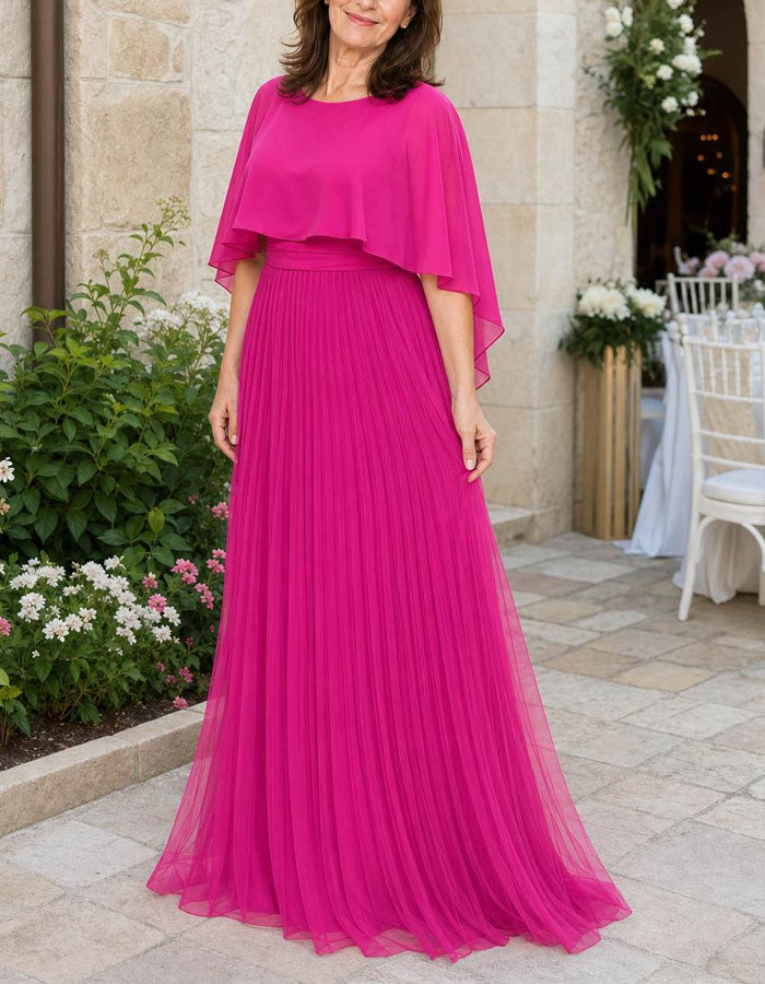 Robe longue en mousseline unie à col rond et manches à volants