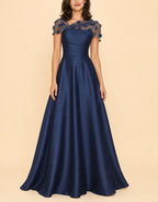 Solid Color Asymmetrical Mesh Floral Satin Maxi Dress